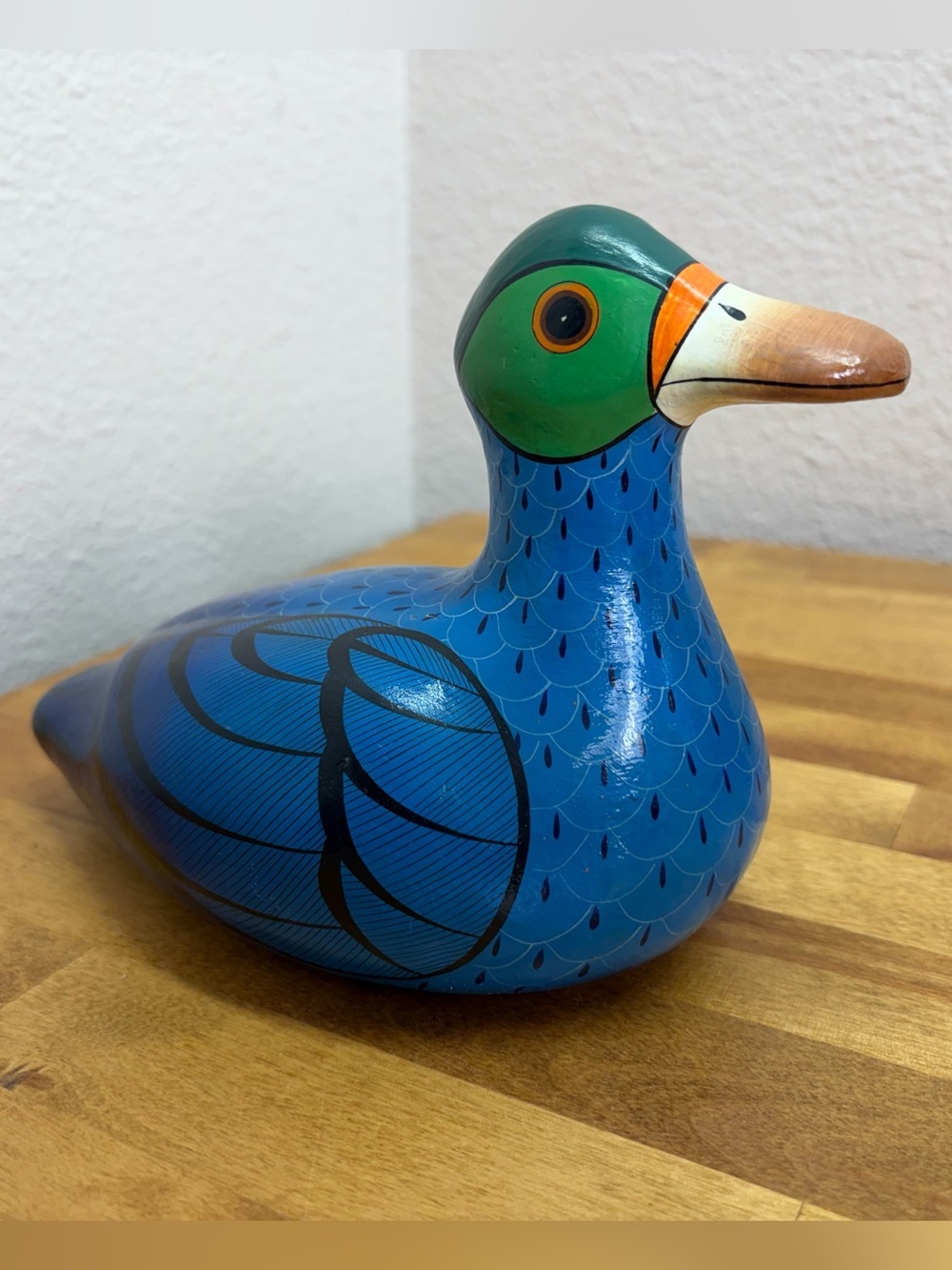 Signed M. Palacios Blue Mallard Tonala Pottery Folk Art Bird Mexico